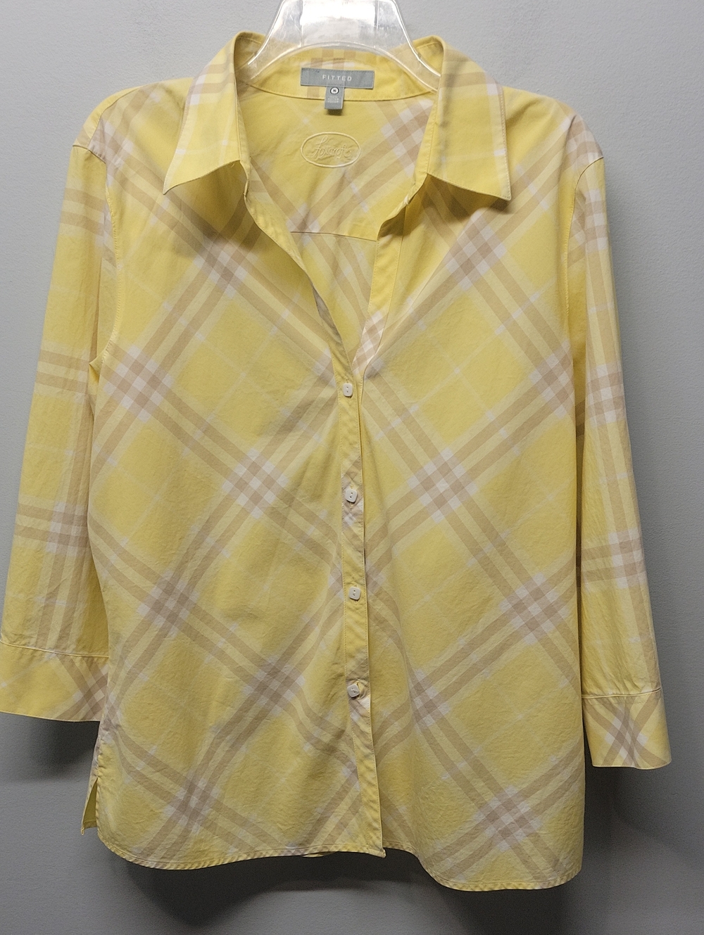 Foxcroft yellow plaid 3/4 sleeves button front blouse size 16